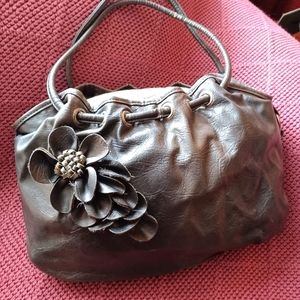 Leather with petaled flower gray hobo bag